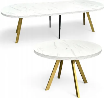 Produktbild von Großer runder Marmor-Esstisch, ausziehbar (Ø100/300 cm) mit goldenen Metallbeinen