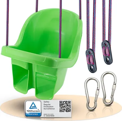 Produktbild von Babyschaukel Outdoor & Indoor – kippsicher, wasserfest & Rheinland  – stabile Baby Schaukel mit 2 Karabinern zum Aufhängen