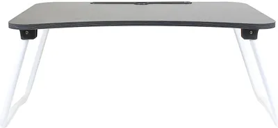 A foldable laptop table with a gray surface and white legs, shown from the front on a white background.