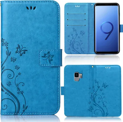 A collage of images showing a blue flip phone case with a floral and butterfly design, including views of the case open and closed, and a phone inside.