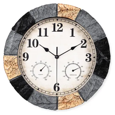 Produktbild von SensaHome Wanduhr YS1002 – Wasserdichte Harz-Steinoptik Außenwanduhr – Runde Outdoor-Uhr – Ø33 cm – Grau