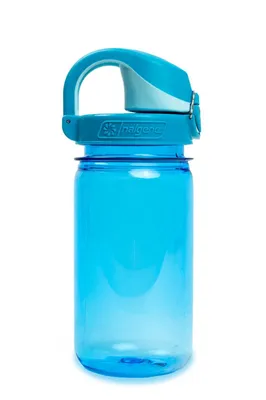 A blue Nalgene water bottle with a light blue and white lid, shown against a white background.