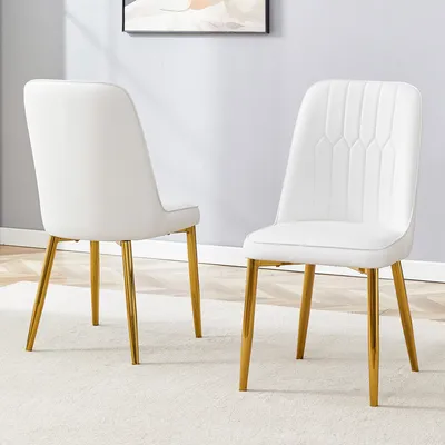Productafbeelding van Eetkamerstoelen, set van 2, kunstleer, breder zitvlak, rugleuning, metalen poten (wit + goud)