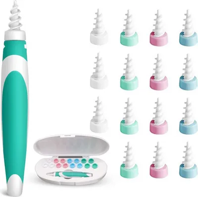 Zdjęcie produktu dla Czyścik do uszu Usuwacz woskowiny, czyścik do uszu z 1x16 zmywalnymi wymiennymi głowicami, bezpieczny i miękki, spiralny silikon 360 stopni, bezpieczny i m