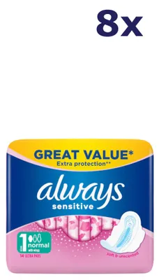 Produktbild von 8x Always Sensitive Damenbinden, 14 Stück