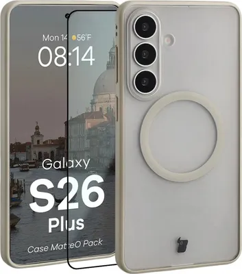 Produktbild von Schutzhülle mit Magnetring + gehärtetem Glas Bizon MatteO Pack für Galaxy S26 Plus, Getönt-Beige