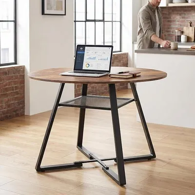 Productafbeelding van Eettafel van rundervlees, 120 cm, tafel van rund, keuken, hout, geschikt voor 4-6 personen, salontafel met houten blad en metalen voet, ronde houten tafels, modern