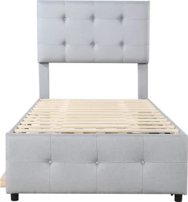 Produktbild von Merax Polsterbett 90x200cm mit Ausziehbett 90x190cm, Jugendbett mit verstellbarem Kopfteil und Lattenrost, Leinen Einzelbett Kinderbett Gästebett,Grau