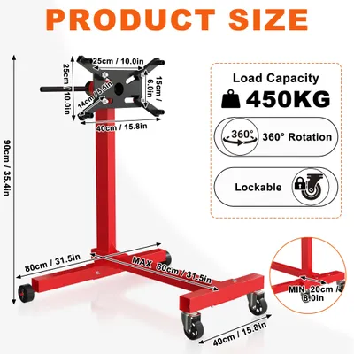 Image de Support moteur - Élévateur de moteur, support de moteur, support de boîte de vitesses - Capacité de charge : 450 kg - Rotation à 360° - Bras de montage réglables - Acier peint - Pour atelier et garage