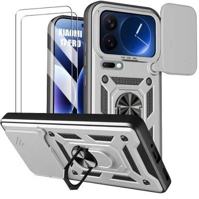 Image de Coque + 2 Verres Trempés pour Xiaomi 17 Pro, Antichoc avec Anneau et Cache Caméra - Argenté
