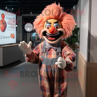 Productafbeelding van Peach Evil Clown mascotte REDBROKOLY kostuum karakter gekleed met een flanellen overhemd en hoofdbanden
