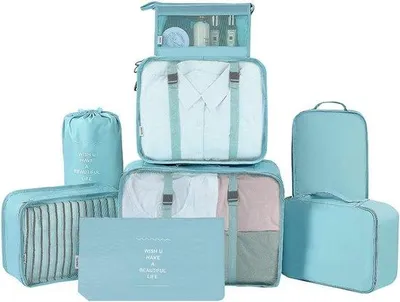 Produktbild von Reisekoffer-Organizer 8-teiliges Set mit Kompressiertaschen, blau, Stil A