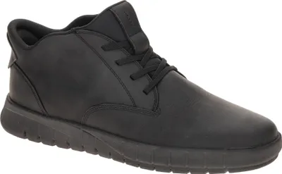 A black men's sneaker is shown from a side angle against a white background.