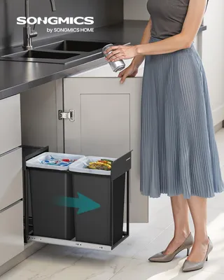 Produktbild von Mülleimer küche, Mülltrennsystem für Unterschrank, 2 x 15 L, Abfalleimer 2 Fächer, ausziehbar, Stahlrahmen