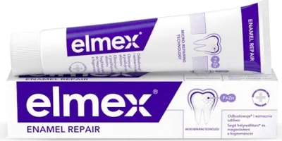 A tube and box of Elmex Enamel Repair toothpaste.