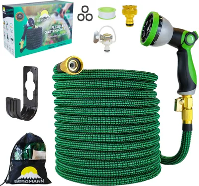 Produktbild von Bergmann® Premium Gartenschlauch 22m Flexible - Flexibler Schlauch mit 10 Funktion Spritze Flexschlauch mit Wandhalterung 3/4 1/2 Zoll Anschluss