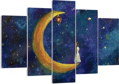 Produktbild von Bild auf Leinwand - Leinwandbild - 5 Teile - Mädchen auf der Mond - 150x100cm - Wand Bild - Wanddeko - Wandbilder - Leinwanddruck - Bilder - Wanddekoration - Leinwand bilder - EA150x100-4575