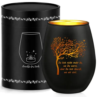 Teelichthalter Glas Trauerlicht mit Spruch, 11,3 cm, schwarz-gold