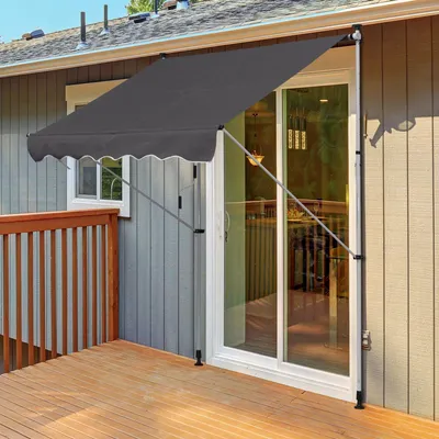 Produktbild von Klemmmarkise mit Handkurbel, Gelenkarmmarkise ohne Bohren, Balkonmarkise Terrassenmarkise, Grau | 150 cm breit | 1,7–2,8 m höhenverstellbar