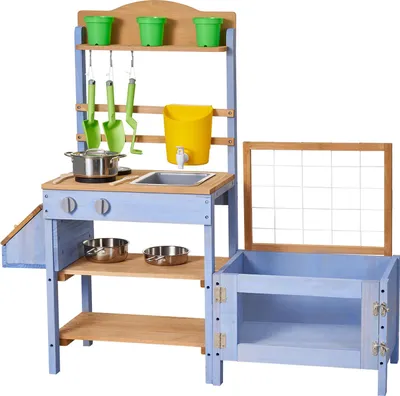 Produktbild von SucceBuy Spielküche aus Holz mit Pflanzkasten, Wassertank, Spülbecken, Kochgeschirr & Zubehör, Kinderküche für Garten & Rasen, Geeignet für Kinder ab 3 Jahren