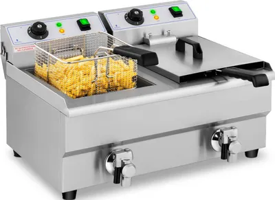 Produktbild von Royal Catering Doppel-Elektro-Fritteuse mit Ablasshahn, 2 x 10 l, 6000 W, Edelstahl, 50 - 200 °C, RCEF 10DB