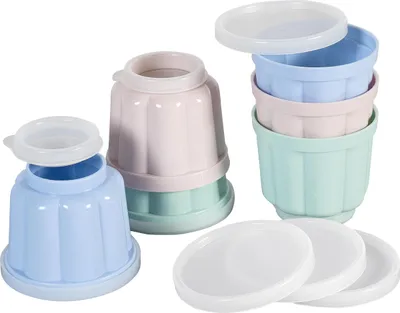Produktbild von Dr. Oetker 6er Puddingförmchen mit Deckeln 150ml, Förmchen für Pudding und andere leckere Desserts aus der Serie "Modern Baking - Retro Design", hochwertige Kunststoff-Formen (Farbe: Rose/Hellgrün/Hellblau) Menge: 1 x 6er Set