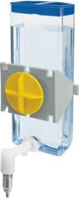 A pet water dispenser with a clear bottle, blue cap, gray mounting bracket, and yellow water level indicator.