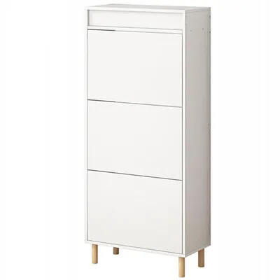 A white shoe cabinet with three drawers and wooden legs, shown against a white background.