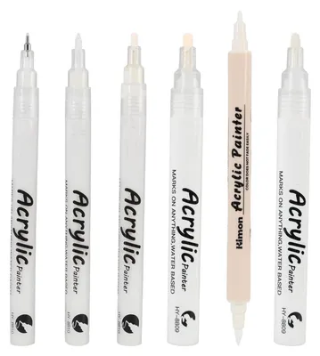 Obrázek produktu pro Bílé akrylové fixy, 6 kusů, rychle schnoucí, voděodolné, hroty o šířce 0,5–4,0 mm, vhodné pro použití na dřevo, sklo, papír a kámen