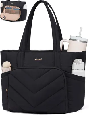 Produktbild von Shopper Tasche Handtasche Damen Groß, Leicht Puffer Arbeitstasche mit großem Wasserflaschenfach, 15,6 Zoll Laptoptasche Tote Bag, Lehrertasch Handbags Women für Uni Business Schule, Schwarz