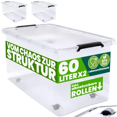 Produktbild von DEUBA® Aufbewahrungsboxen 2 x 60l mit Deckel und Rollen, stapelbar, transparent Kunststoff BPA-frei Klickverschluss, RB60 für Büro, Garage, Waschraum