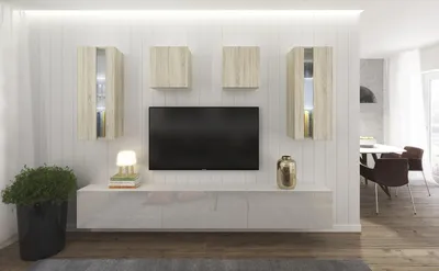 Produktbild von Furnitech Wohnwand Wohnzimmer - Wohnzimmer Möbel mit LED Weiß - Hängend Wohnwand Modern - Regale und TV Schrank (AN291-17WS-HGM42 1A Klein)