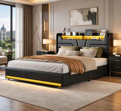 Produktbild von INONEFT Hydraulisches Bett 160 × 200 cm, Erwachsenenbett, Polsterbett mit LED und USB, Doppelbett mit Stauraum und Lattenrost, PU, Schwarz
