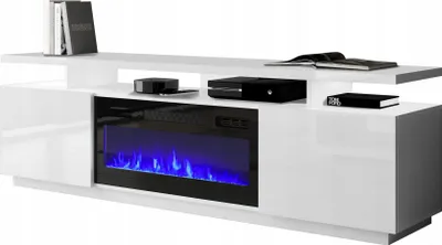 Produktbild von Fernsehschrank EVA 180x56x40 cm mit Eletrichem Kamin heizfunktion Lowboard Tv Schrank 2 Türiger mit Led beleuchtung Weiß Hochglanz