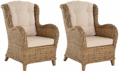 Zdjęcie produktu dla KRINES HOME Zestaw/ 2 Ekskluzywny fotel do czytania Birmingham wygodny fotel rattanowy zestaw mebli rattanowych fotel z rattanu (naturalny szary)