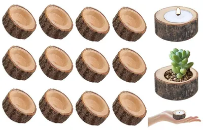 12 Holz-Teelichthalter, 2,5 x 6 cm, rustikale Votivhalter