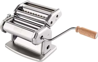A stainless steel pasta maker with a wooden handle on a white background.
