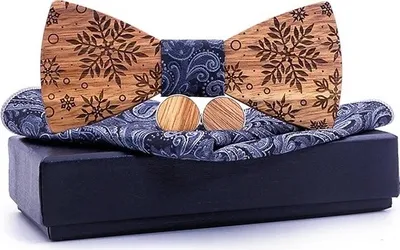Produktbild von Elegante Holzfliege Set mit Einstecktuch und Manschettenknöpfen – Braun/Schwarz KP30456