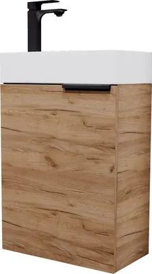 A vanity unit with a sink and faucet.
