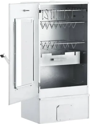 An open, white metal smoker with racks and hooks inside, shown from a slightly angled front view.