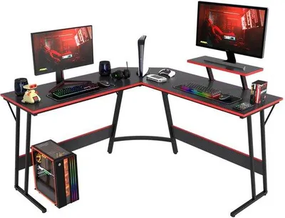 Obrázok produktu pre Unyqoos® L-tvarový rohový písací stôl, 128 x 128 x 90 cm, multifunkčné pracovisko s držiakom na monitor, vhodné na prácu aj zábavu, čierna farba
