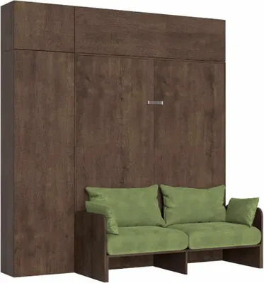 Image de Lit Double Escamotable Kentaro 160 Cm Avec Canapé Et Meubles En Noyer, Vert