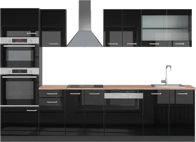 Produktbild von Küchenzeile Vicco R-Line Schwarz Hochglanz 300 cm mit Hochschrank, AP Eiche, Model 49557