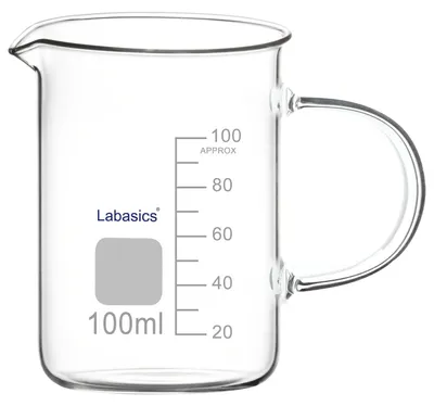 Maatbeker 100 ml, Borosilicaatglas, mit Skala, Henkel und Ausgießer