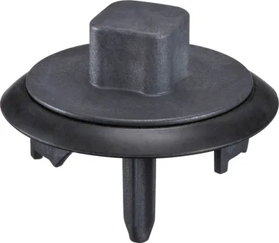 A close-up studio shot of a dark gray sink stopper.