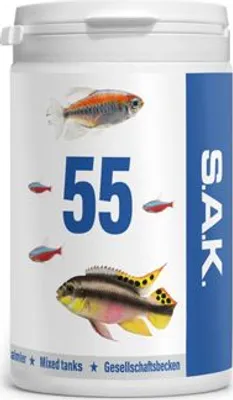 Produktbild von S.A.K. 55 - Komplettes vollwertiges Alleinfuttermittel für alle Zierfischarten. Granulat 130 g (300 ml) Granulatgröße 1 Körnung 0.7 - 1.0 mm - Fischgröße 3 - 5 cm