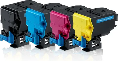 Four toner cartridges are lined up and angled towards the viewer against a white background.