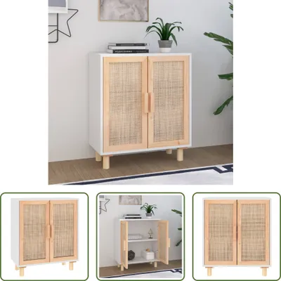Produktbild von The Living Store Sideboard Weiß 60x30x70 cm Massivholz Kiefer und Natur-Rattan