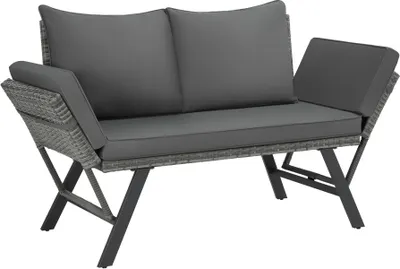 A gray rattan outdoor sofa with dark gray cushions is shown against a white background.