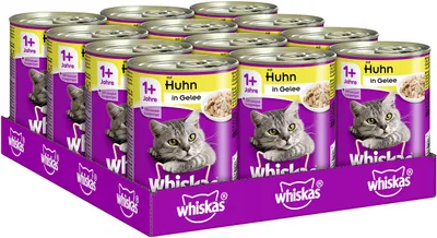 Produktbild von Whiskas Katzenfutter Nassfutter Adult 1+ mit Huhn in Gelee, 12 Dosen (12 x 400g)